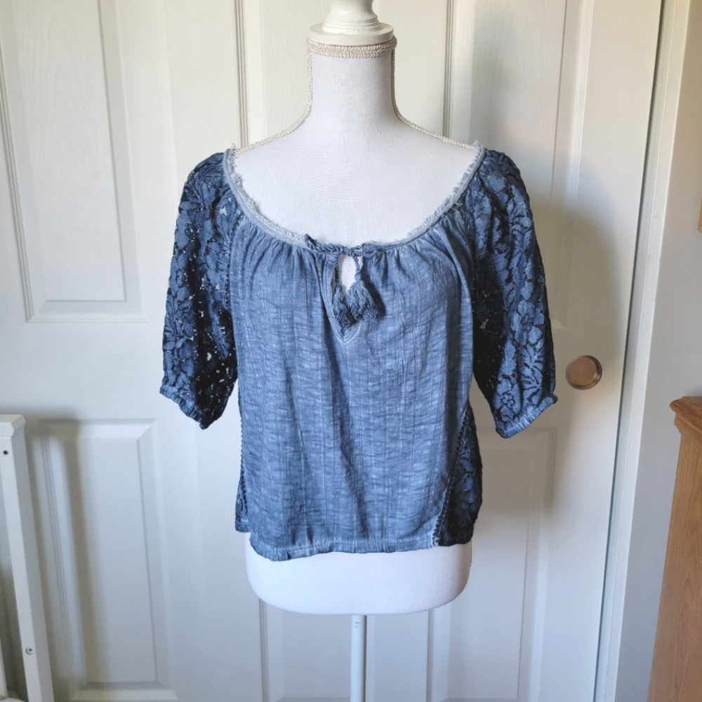 Abercrombie & Fitch Romantic Blue Lace Tie Front Peasant Blouse Top Flowy Dreamy